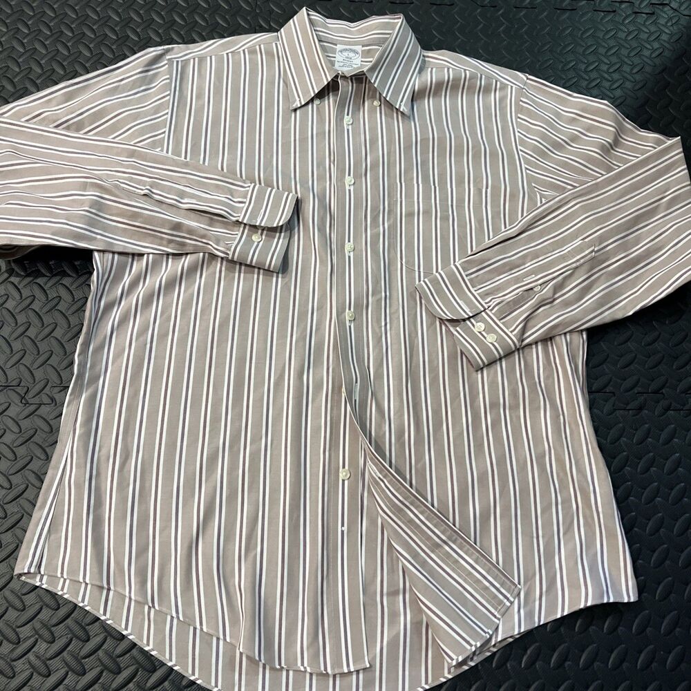 Vintage Brooks Brothers Large 1818 Regent Fit Shirt Non-Iron Vert Stripe Taupe